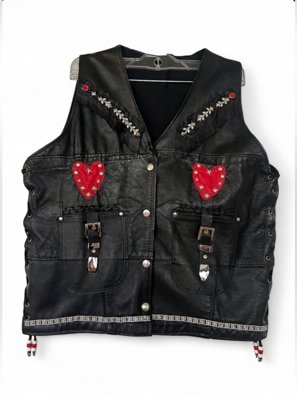 Custom Vintage Black Leather Studded Vest with Red Heart Patches & Fringe